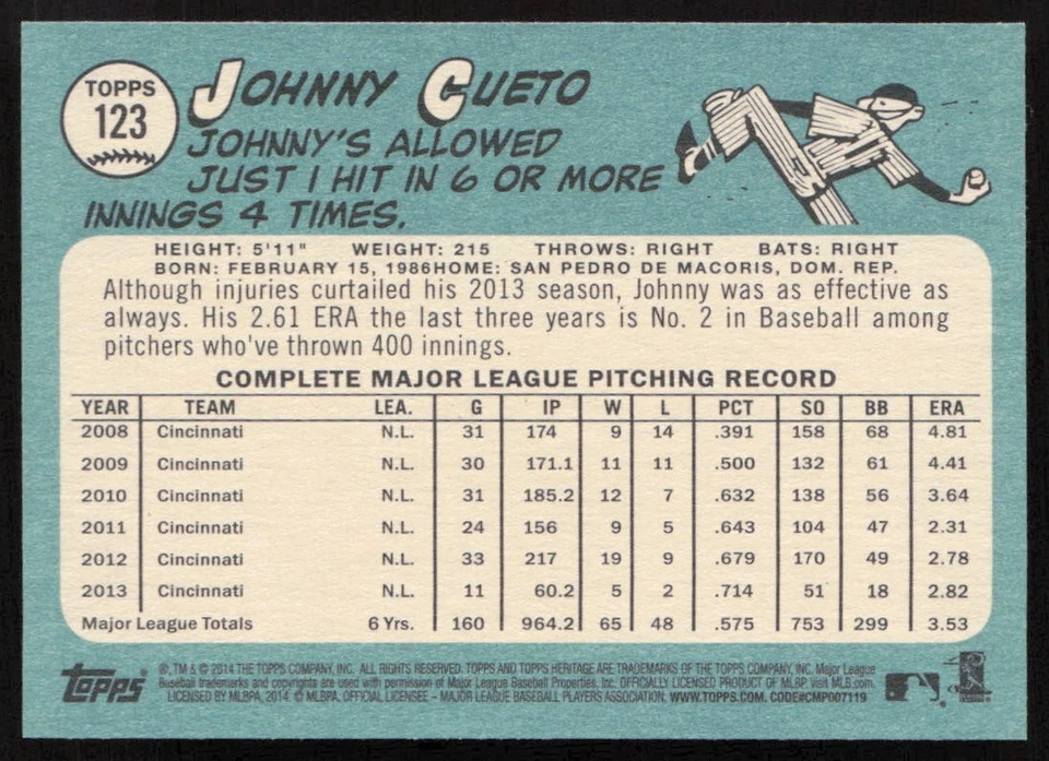 2014 Topps Heritage Johnny Cueto #123 Cincinnati Reds - Image 2 of 2