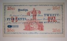 1860s Young-Hyson Tea Importer (John Ward) Brooklyn N.Y. 25 Cents Note
