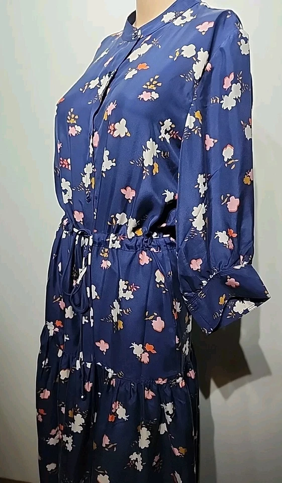 Apiece Apart Navy Silk Floral Button Front 3/4 Sleeve Midi Dress Size 4 - Image 4 of 4