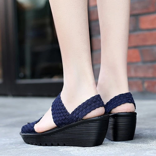 Damen-Sandale Sommer offene Peep Toe gewebt Ruhm Keilabsatz Komfort Mary Jane Schuhe - Bild 7 von 35