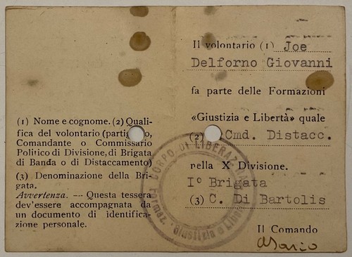 PARTIGIANI CLN TESSERA FORMAZIONI GIUSTIZIA LIBERTÀ Ia BRIGATA DI BARTOLIS - Picture 4 of 6