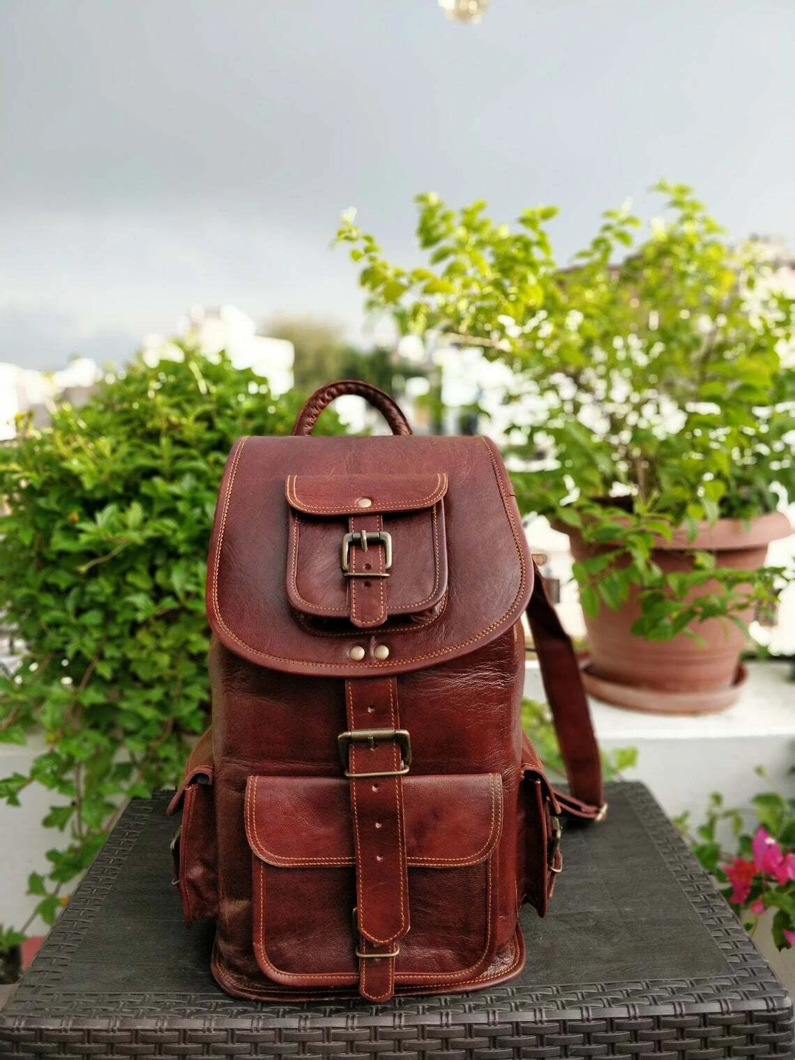 '16" Large Men's Leather Backpack Bags Shoulder Briefcase Rucksack Laptop Bags'