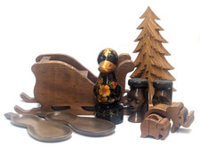 Lot of 9 Pieces of Wood Decorations Sleigh Bird Tiki Tray Elephant Tree