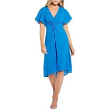 Adrianna Papell Womens A-Line Dress Twist Front Gauzy Crepe V-Neck Blue 10