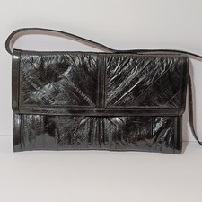 Black Eel Skin Purse Vintage 1980s Removable Shoulder Strap 12x7in