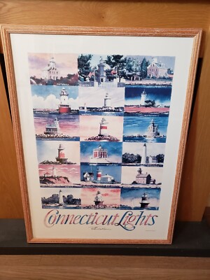 Connecticut Leuchttürme Gemälde 1988 ROGER GUSTAFSON groß gerahmt Vintage 80er