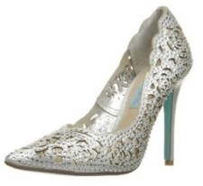 BLUE BY BETSEY JOHNSON CRYSTAL ENCRUSTED POINTY TOE ELSA WEDDING PUMPS BLUE SOLE