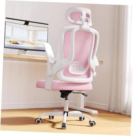 Ergonomic Mesh Office Chair, High Back Home Desk Chair with Flip-up 3D Pink