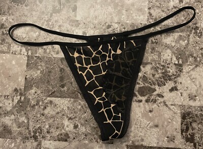 NWOT DAISY FUENTES LARGE BLACK BEIGE GIRAFFE MESH VINTAGE RARE THONG PANTIES