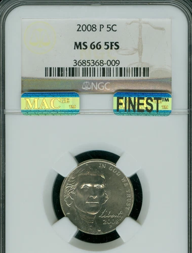 2008 P JEFFERSON NICKEL NGC MS66 FS PQ MAC FINEST BUSINESS STRIKE MAC SPOTLESS