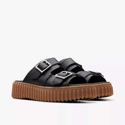 Brandneu in Box Clarks Damen Torhill Slide schwarze Ledersandalen