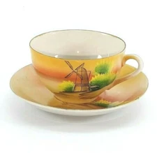 Vintage Demitasse Cup and Saucer Orange Sunset Windmill Marked Japan