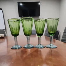 Green Primative Hand Blown Wine Glasses Bubble Glass HEAVY - Set of 4 - 