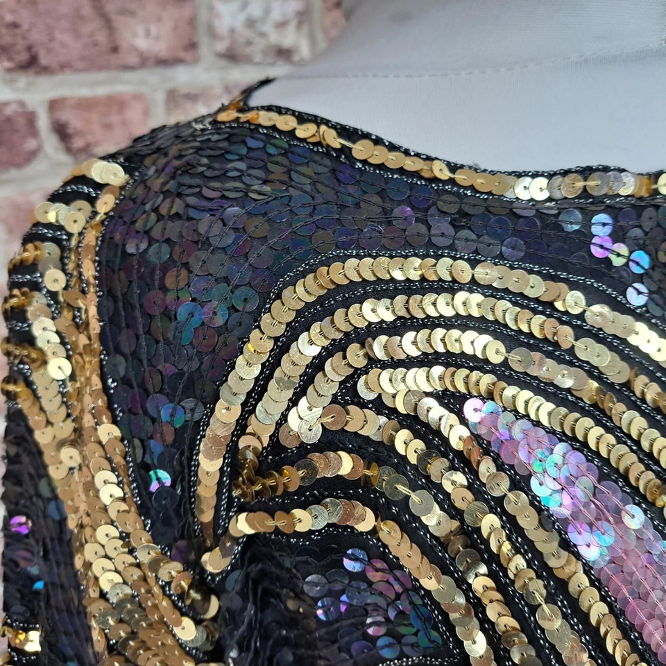 Jewel Queen Sequin Silk Blouse Top Size Small Black Gold Pink Flower Vintage - Image 3 of 4