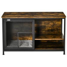 Wood Steel Cat House, Small Kitten Cage w/ Sliding Doors Rustic Brown