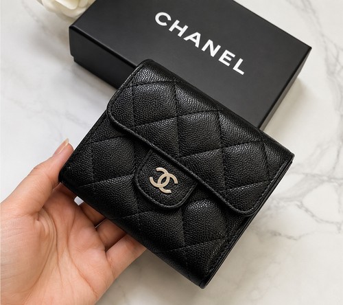 CHANEL Black Quilted Diamond Pattern Folding Women's Wallet