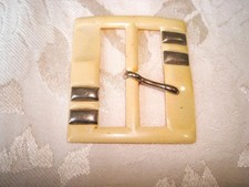 Art Deco Cream Celluloid Buckle Painted Chrome Tone Bars 2 3/8 x 2 1/2 In. KJ