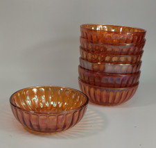 Set of 7 Amber Iridescent Carnival Glass Ribbed Round Bowls Stackable Decor