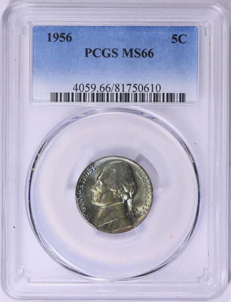 Álbum de tono Monster Rainbow 1956 Jefferson Nickel graduación profesional MS-66 extremo tonificado Foto 2 de 4