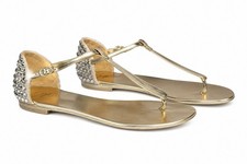 Giuseppe Zanotti Gold Leather Crystal Embellished T-Strap Thong Sandals 37.5