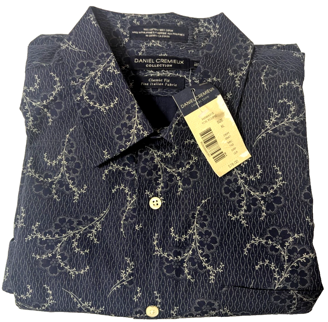 Daniel Cremieux Mens XL Classic Fit Italian Cotton Navy Blue Floral Shirt