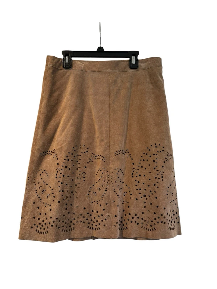 Falda THEORY Marrón Camel Tostado Gamuza Corte Lazer Hasta la Rodilla Línea A Talla 4 Foto 3 de 4