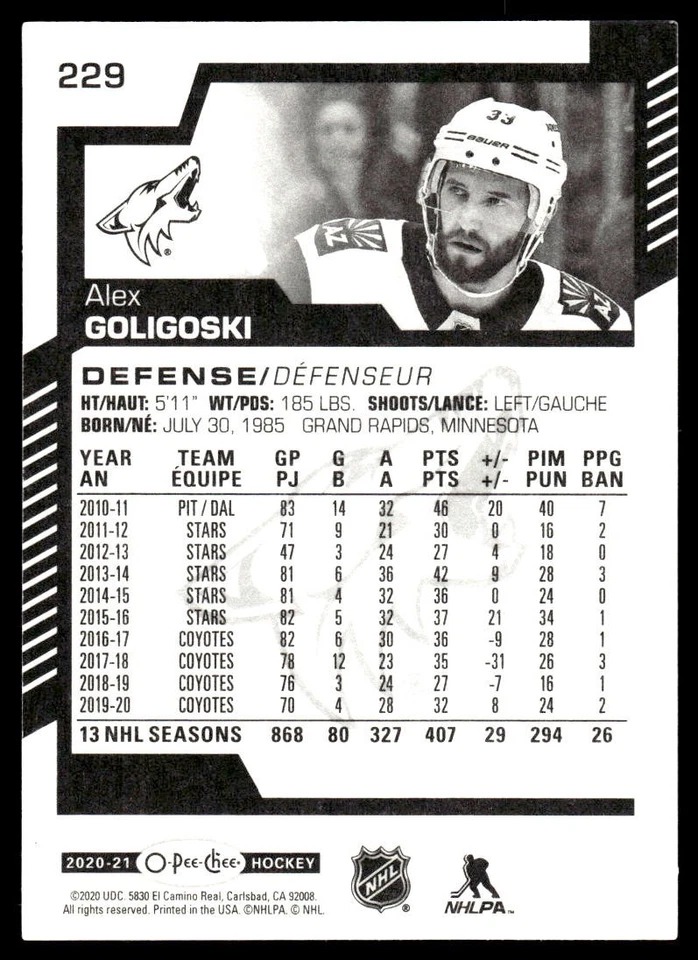 2020-21 O-Pee-Chee #229 Alex Goligoski Arizona Coyotes Hockey Card - Image 2 of 2