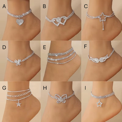 Fashion Star Heart Butterfly Wings Anklet Bling Rhinestone Ankle Bracelet