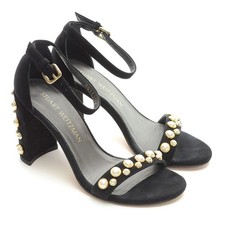Ladies Stuart Weitzman Morepearls Studded Heels 5.5 M Black Ankle Strap Shoes
