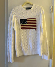 Polo Ralph Lauren Men s White Cable-Knit Crewneck USA Flag Sweater M