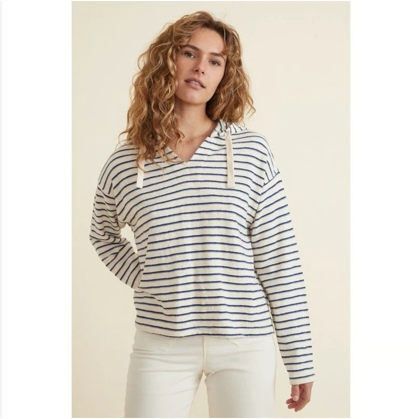 Marine Layer Playa Striped Hooded Pullover Sweater Blue White Small