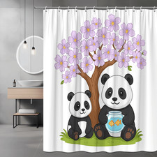 Panda Shower Curtain Cherry Blossom Tree Fish Bowl Cartoon Print