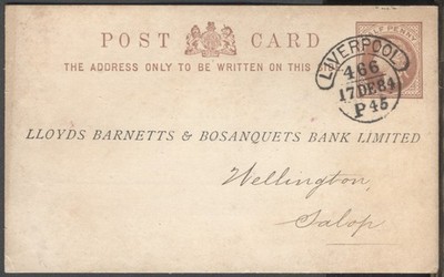 1884 Anerkennung P/Cd: BANK of LIVERPOOL Ltd to LLOYDS BARNETTS & BOSANQUETS