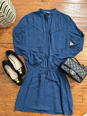 VINCE Teal Blue Rayon Shirt Dress XXS Long Sleeve Drawstring Waist Pocket Midi