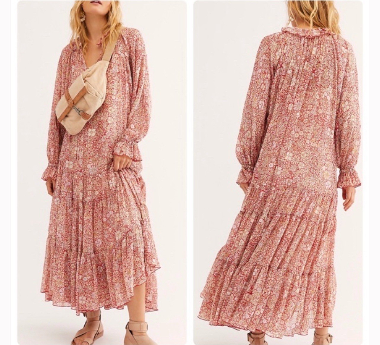 Free People Feeling Groovy Floral Maxi Dress Red size M Boho Whimsy Ruffle Neck