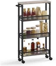 Slim Rolling Cart, 4-Tier Narrow Cart with Handle, 5.1 Inches Deep, Metal Frame