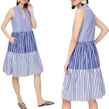 J Crew Dress XXS Striped Pockets  Tiered Boho Popover Fit & Flare Cottage Core