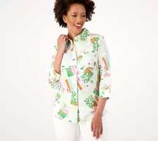 Denim & Co. Women's Top Sz XL Printed Cotton Linen Button Multi-colored A601456