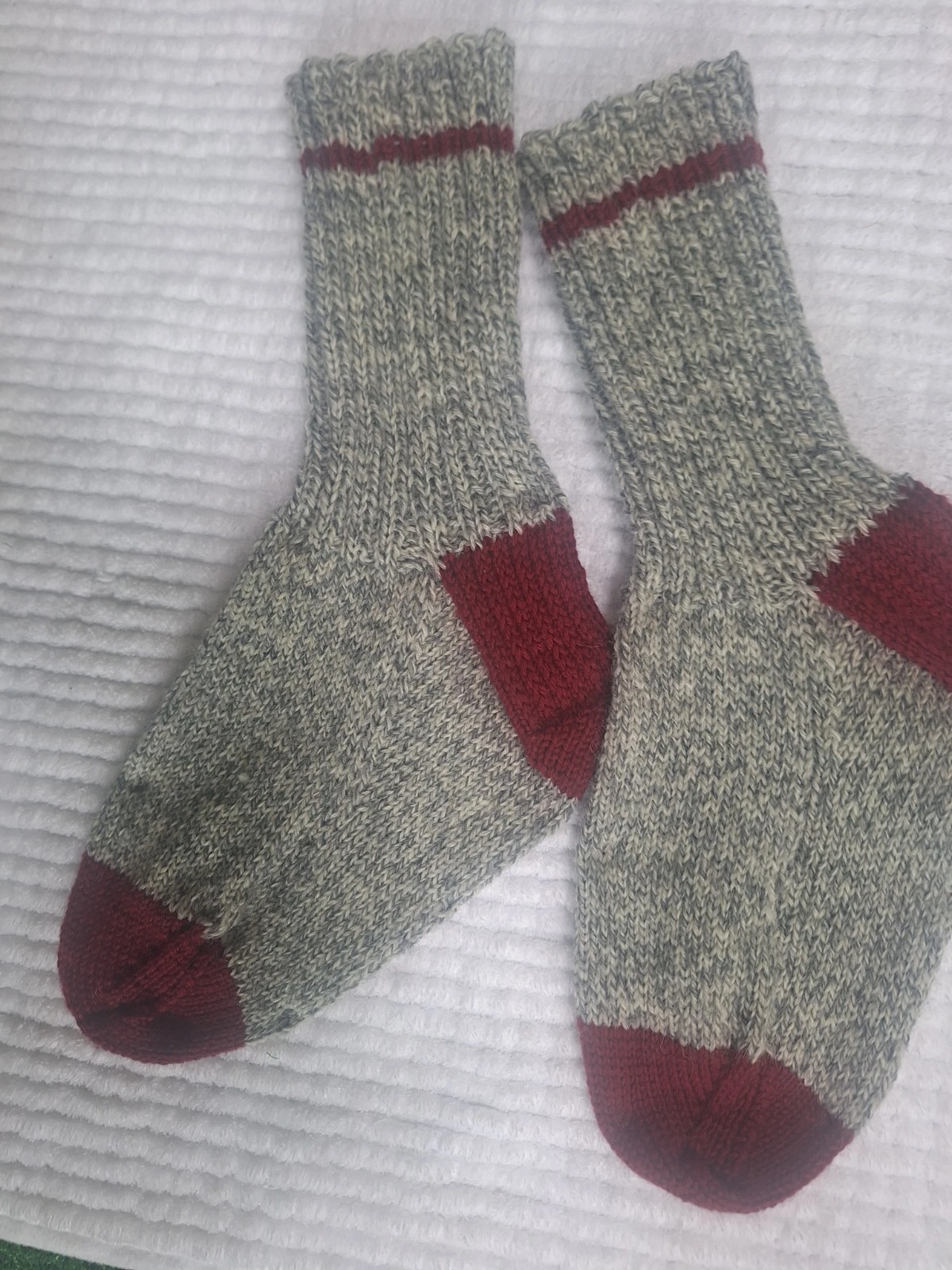 Hand knit socks, rag wool with contrast heels and toes