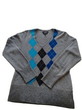 Apt. 9 Women's Sweater Cashmere 100 Argyle Grey Bl V-Neck Large