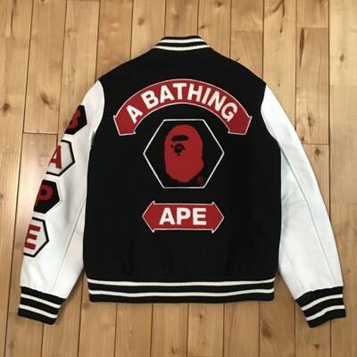 BAPE LOGO leather sleeve varsity jacket a bathing ape NIGO Size S