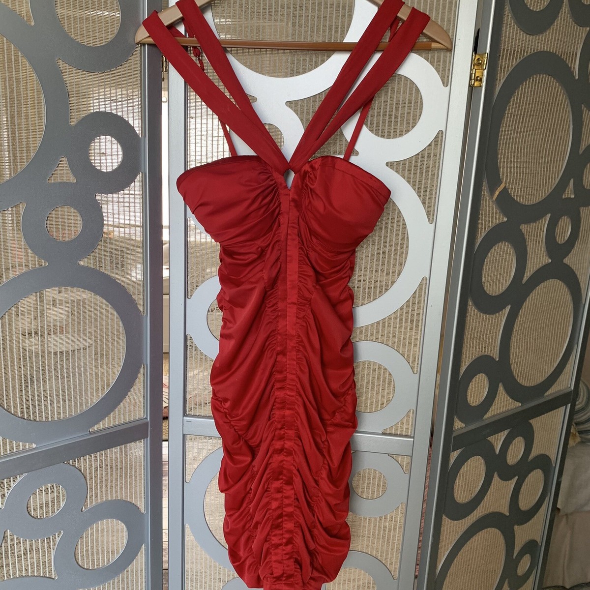 BEBE Red Satin Shiny Ruched Dress XS