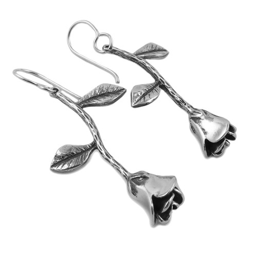 Long Rose and Stem Solid 925 Sterling Silver Dangling Earrings - Picture 2 of 5