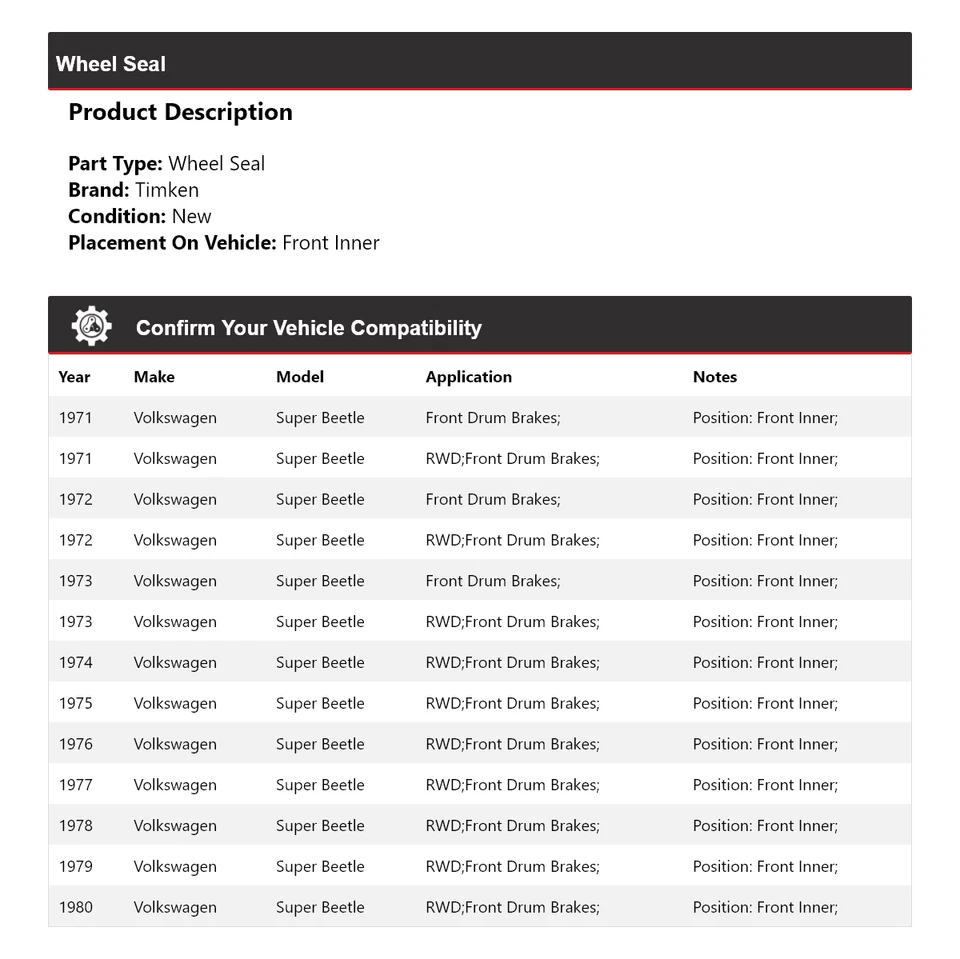 For 1971-1980 Volkswagen Super Beetle Wheel Seal Front Inner Timken 1972 1973 - Image 2 of 4