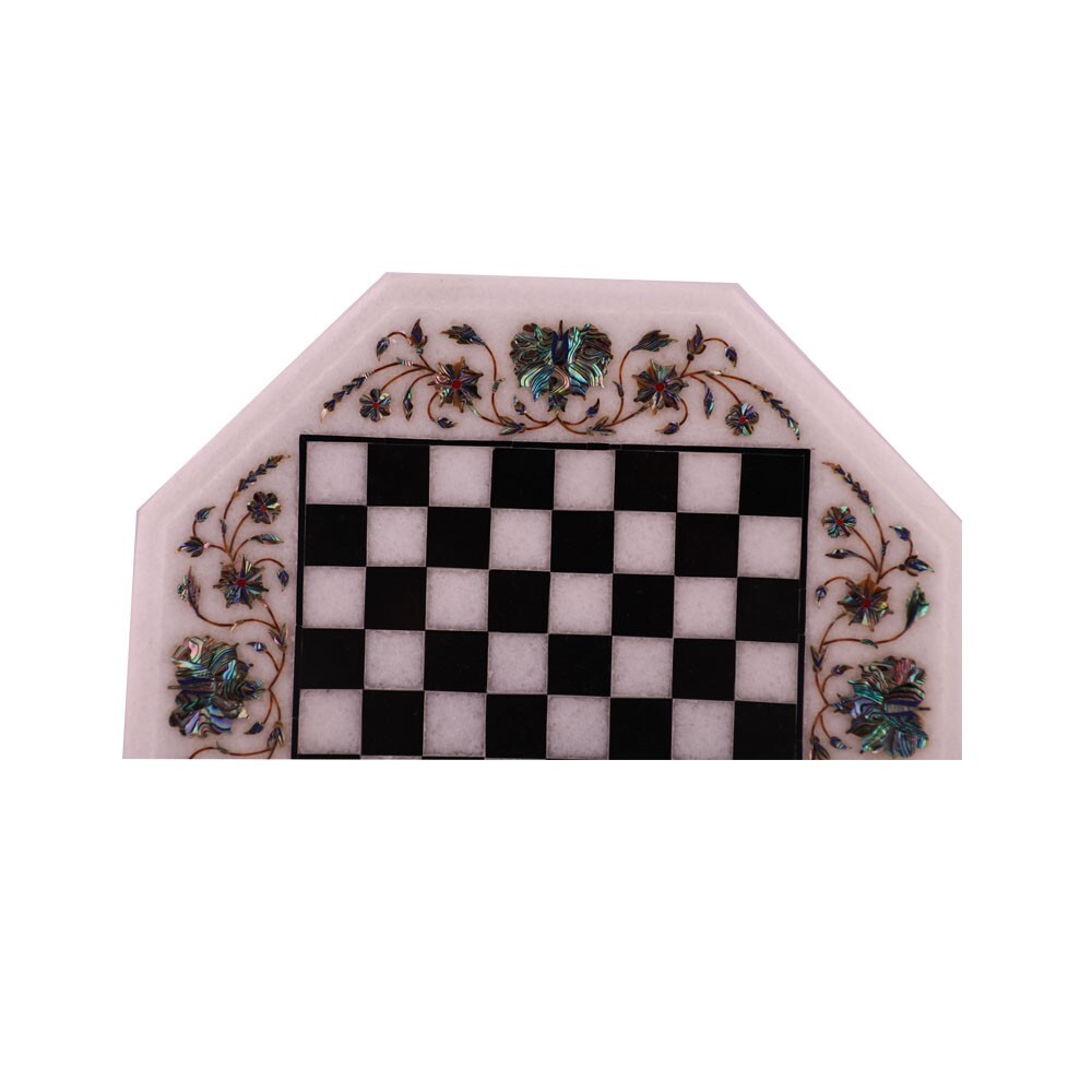 Octagonal White Marble Chess Table Top Inlay Pietra Dura Work