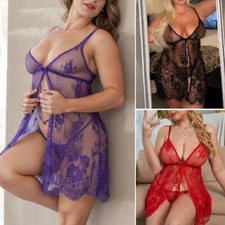 Plus Size Women Sexy Lingerie Open Front Floral Lace Babydoll Sleepwear G-String