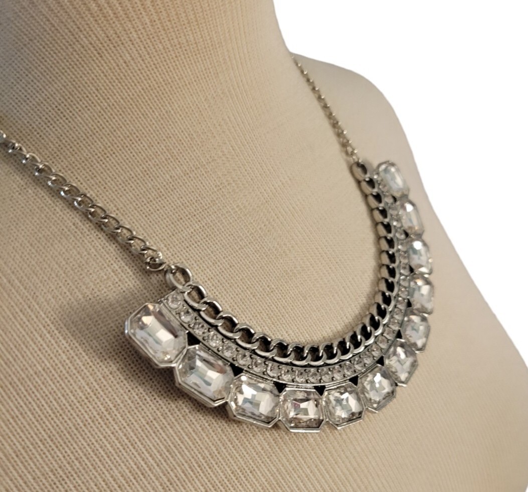 Statement Necklace Silvertone Crystals Clear 19" - image 2