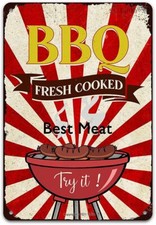 BBQ Fresh Cooked Best Meat Vintage Tin Sign, Retro Art Metal Wall Decor Hanging