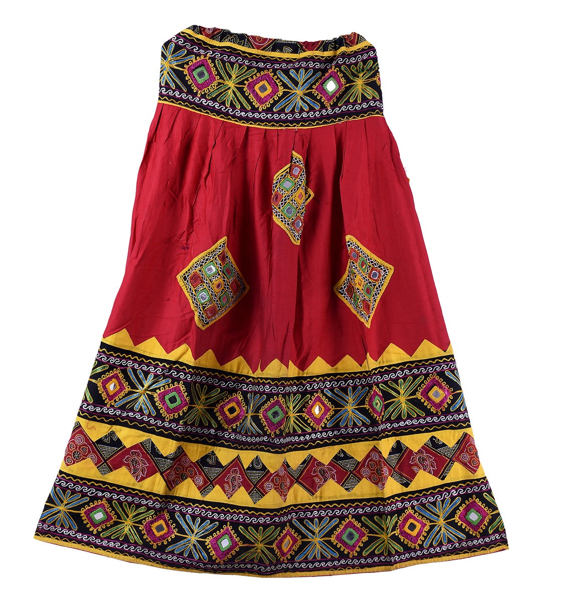 Red Embroidery Vintage Banjara Women's Skater Long Skirt Retro