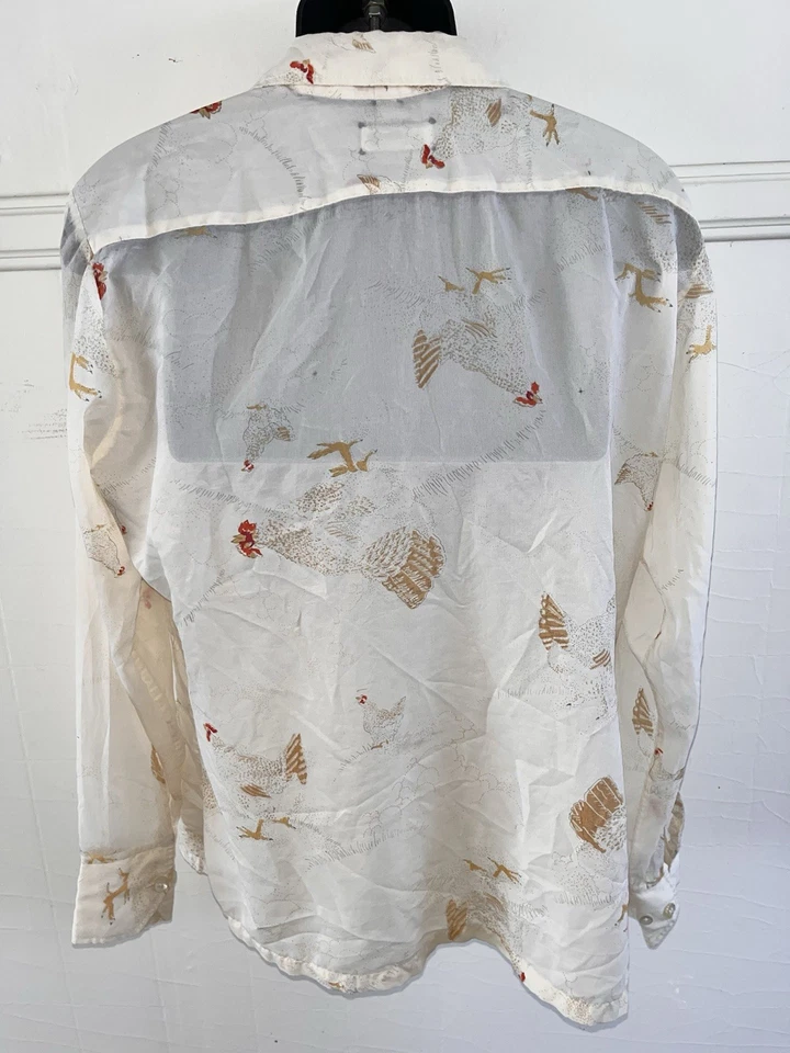 ВИНТАЖНЫЙ 70-х шпиль диско L/S рубашка слоновой кости полупрозрачный поли AOP курица 🐓 Sz большой - Изображение 3 из 4